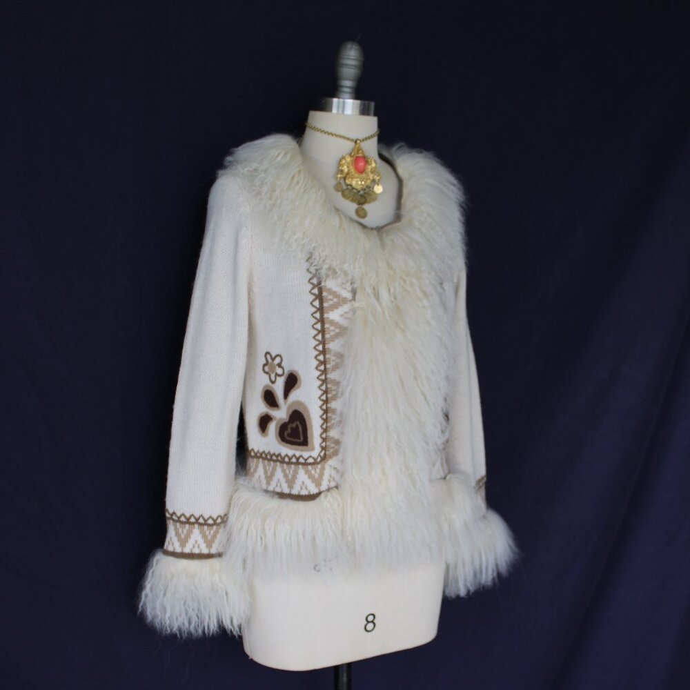 vintage Mongolian Curley lamb wool cardigan cowichan sweater jacket aplique M - Picture 6 of 12